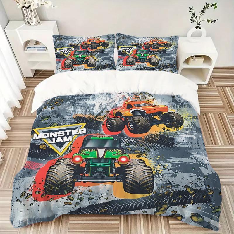 3pcs Monster Jam Monster Truck Bedding Set-Universal Three-Piece Set for Bedroom, Guest Room, Living Room, Hotel-Perfect Gift for Fans, Trav