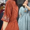Retro Ethnic Embroidered Cotton Jacquard Midi Dress - Slim Fit, Cinched Waist, Trendy Summer Style
