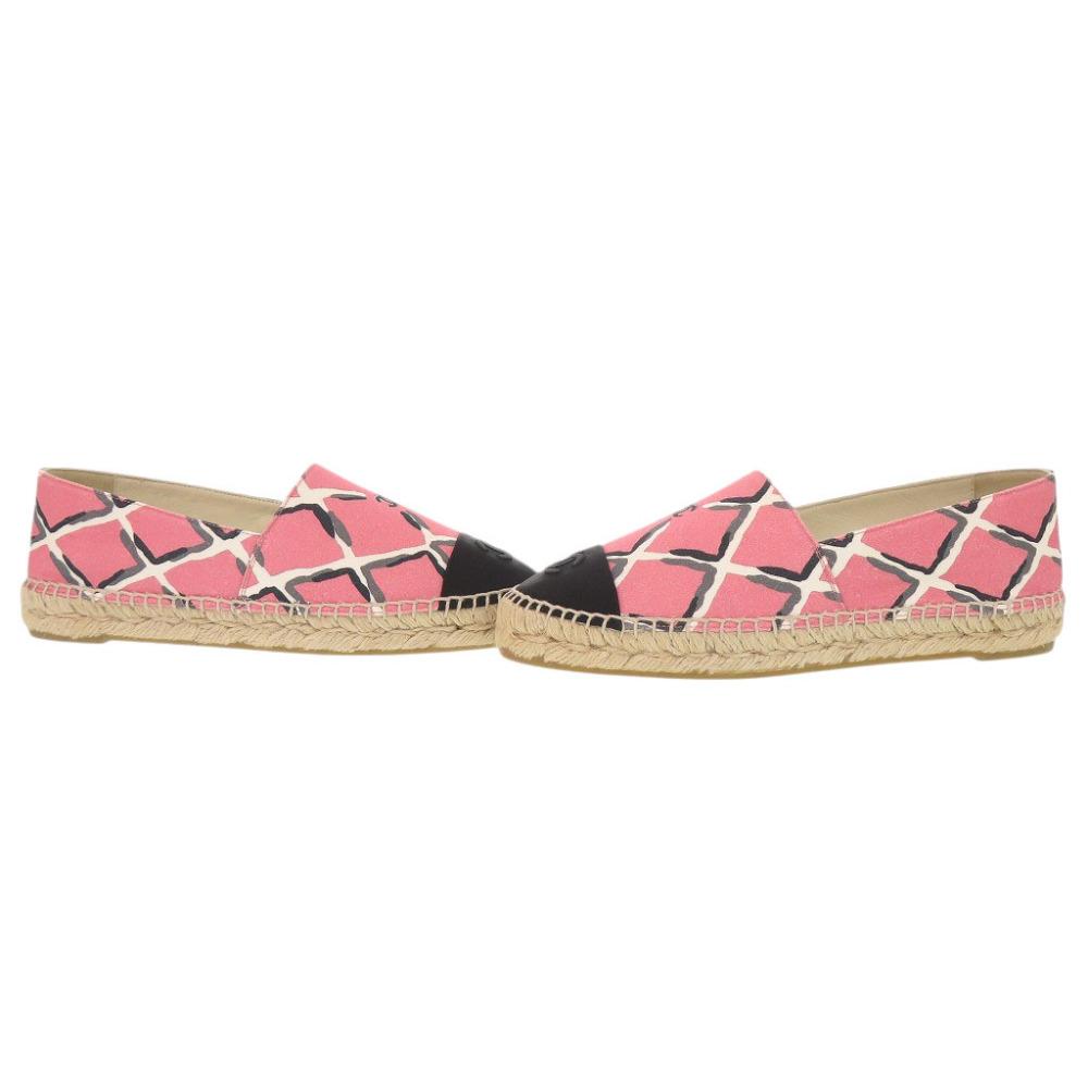 Used AUTHENTIC CHANEL G30898 Flat Shoes Espadrilles CC Mark pink/Black Canvas/hemp