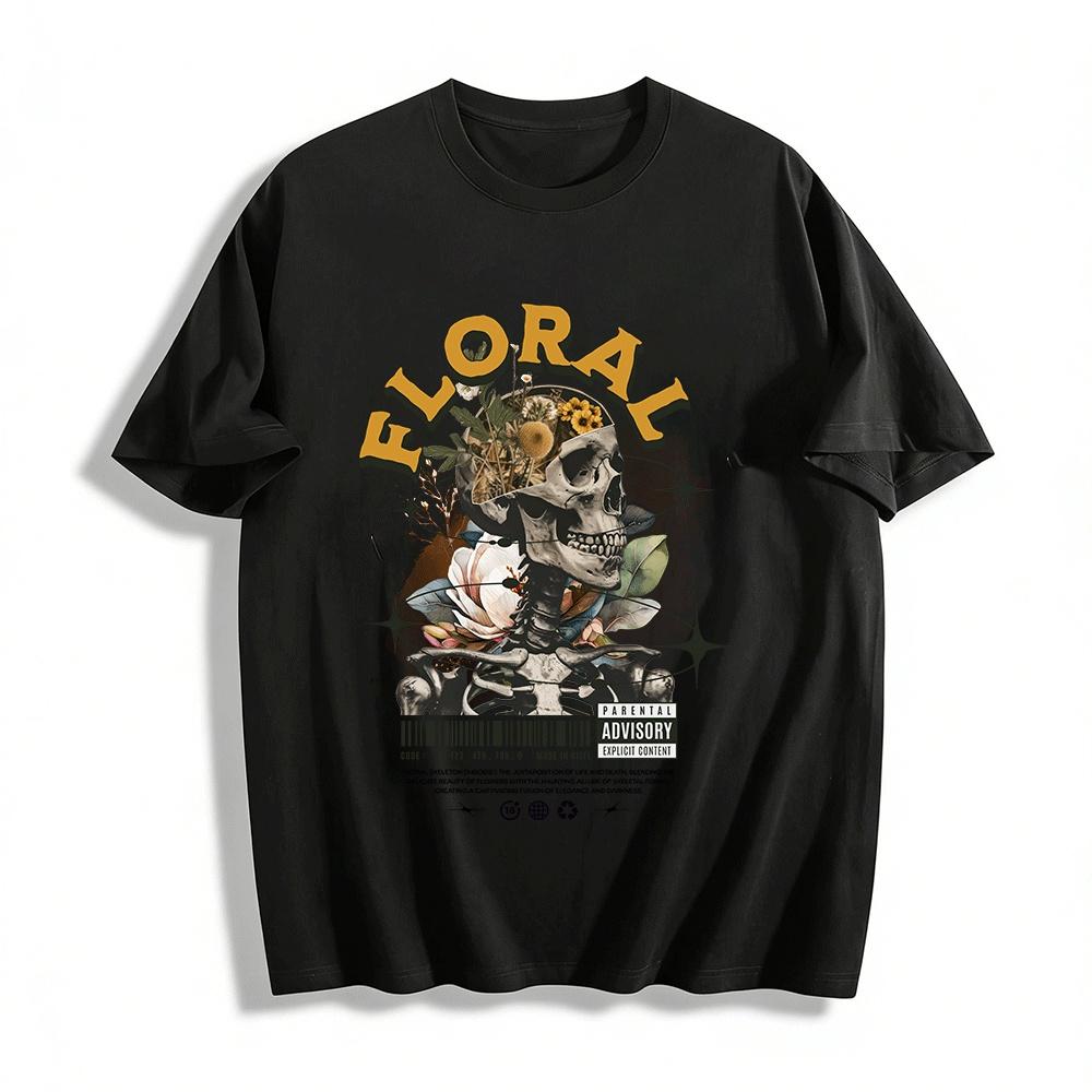 Dark Style Skull Floral Print Trendy Graphic T-Shirt Pure cotton T-shirt XXS