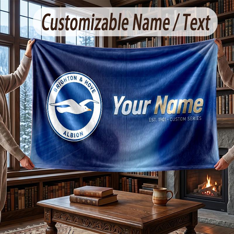 Custom Name Flannel Throw Blanket Brighton & Hove Albion Football Pattern Warm Home Decoration