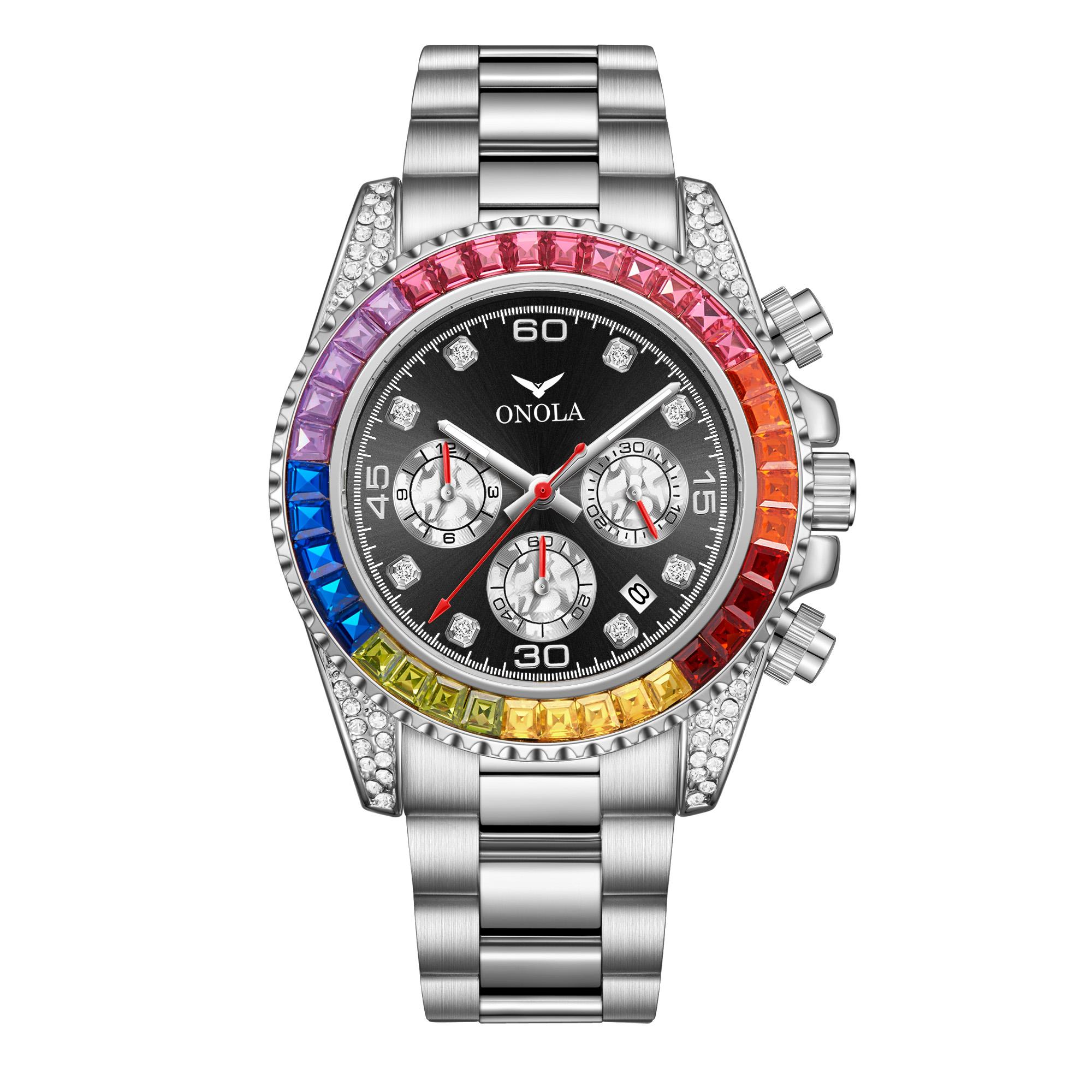 

Розкішні годинники Iced, чоловічі, автоматичні, багатофункціональні сталеві годинники, модні кварцові наручні годинники Rainbow Diamond чорний/срібний