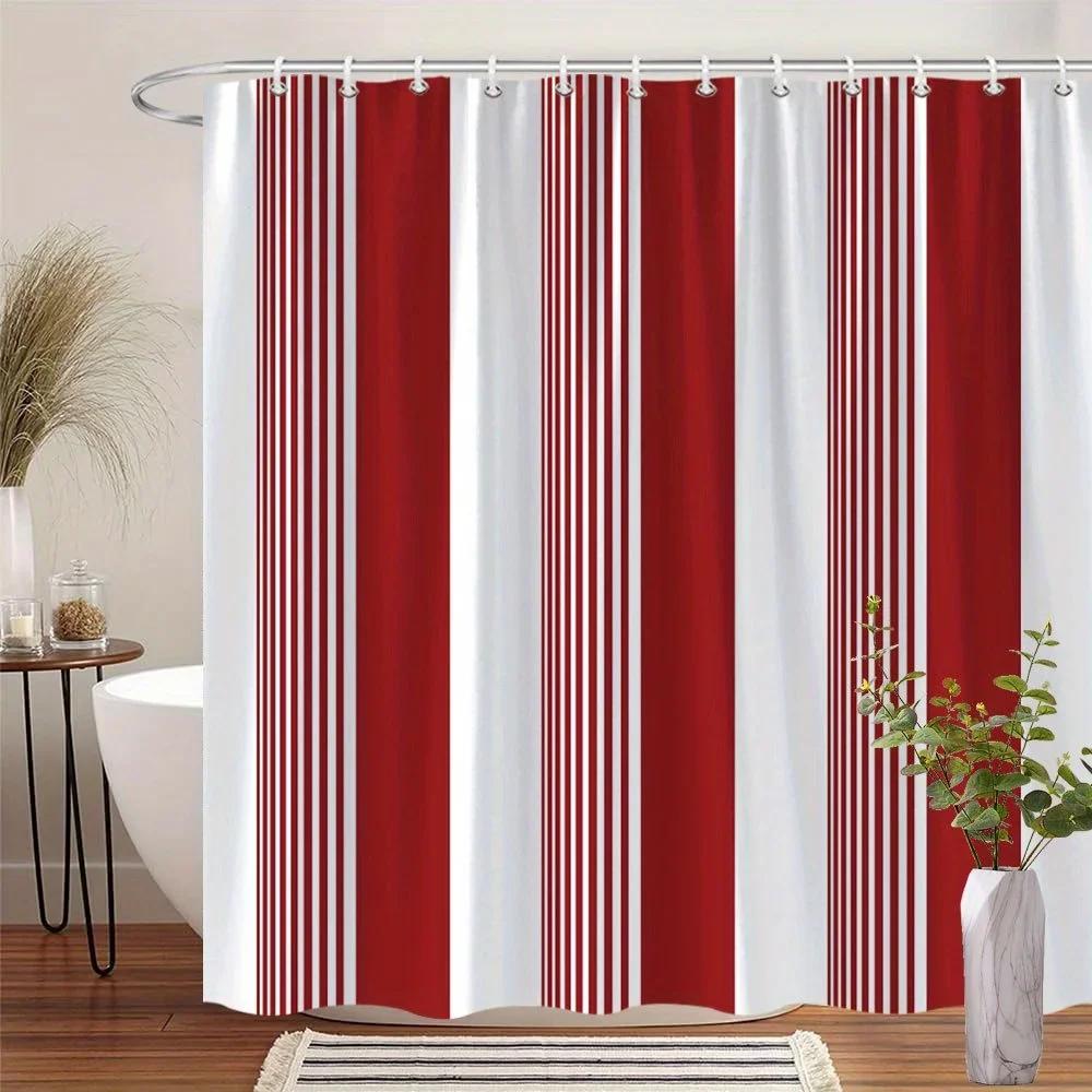 

Red & White Vertical Stripes Curtain - Minimalist, Modern Design, Machine Washable, 12 Hooks, Modern Bath Accessory W60H190(CM)-1 Pcs