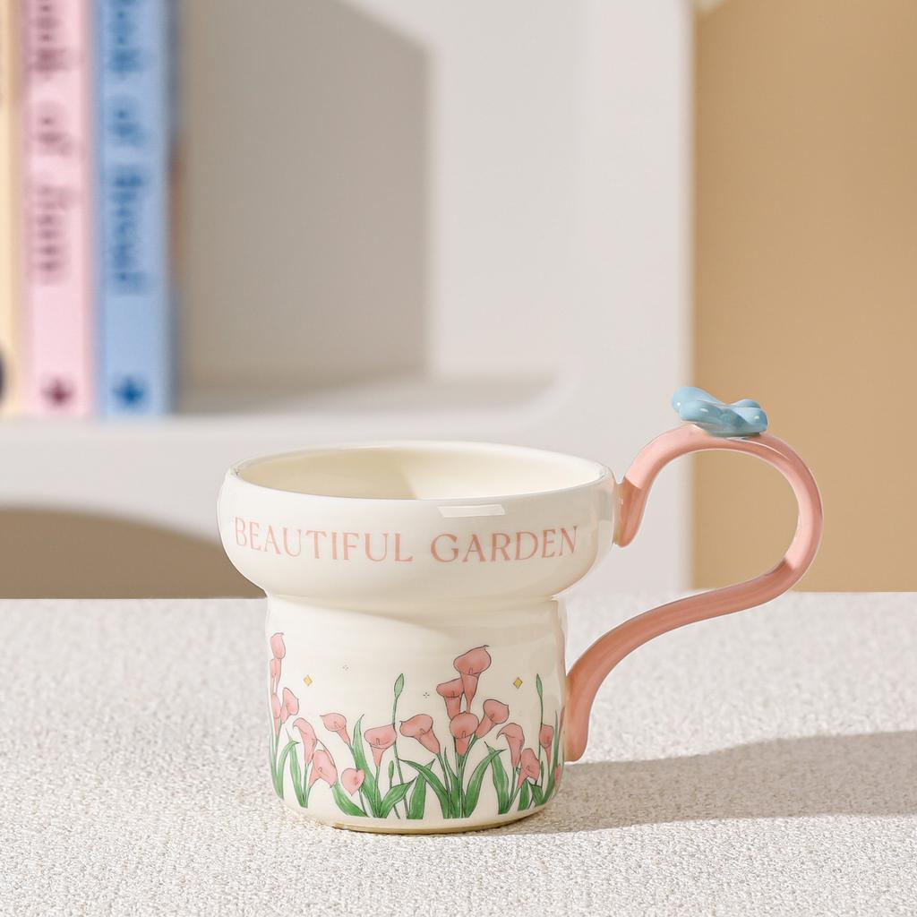 Pastoral belt creative personality mug high value cute flower water cup home office cup girl