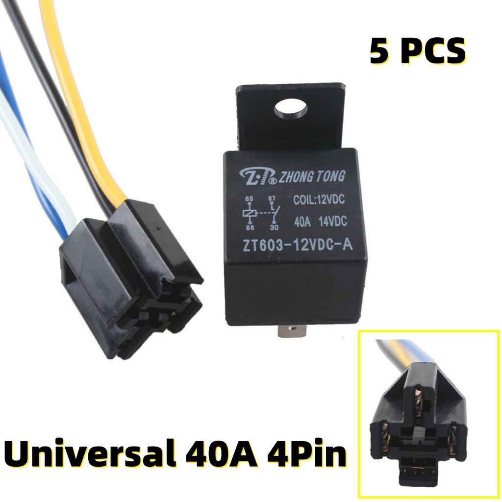 5 Pcs Waterproof 12V 40A Car Offroad SPST Premium Relay + 4-Pin Wired Socket Kit