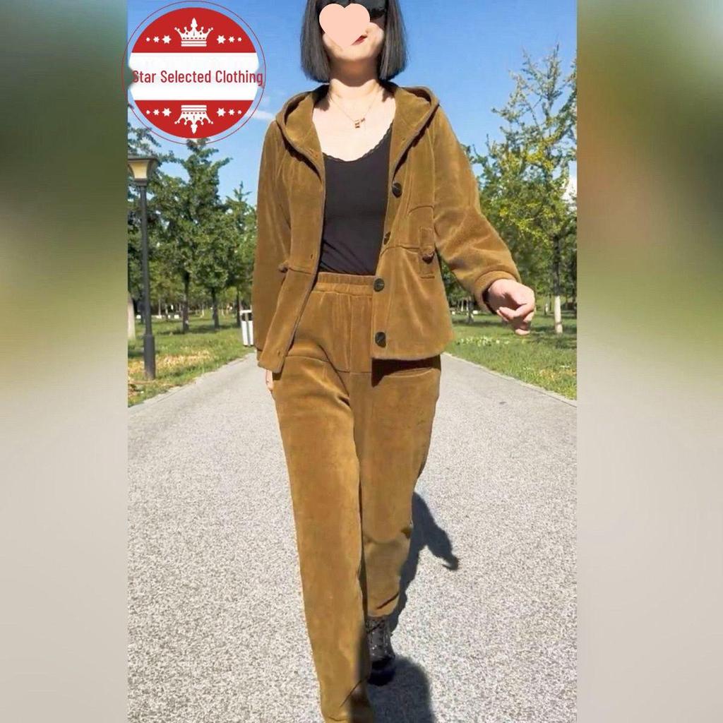 Fleece-Lined Two-Piece Pants Set: Stylish, Loose-Fit for Moms - Perfect for Autumn & Winter