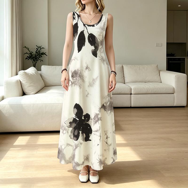 Ink Floral A-Line Maxi Dress,Loose Fit Lightweight Beach Vacation Dress,Versatile for Casual Daily Wear
