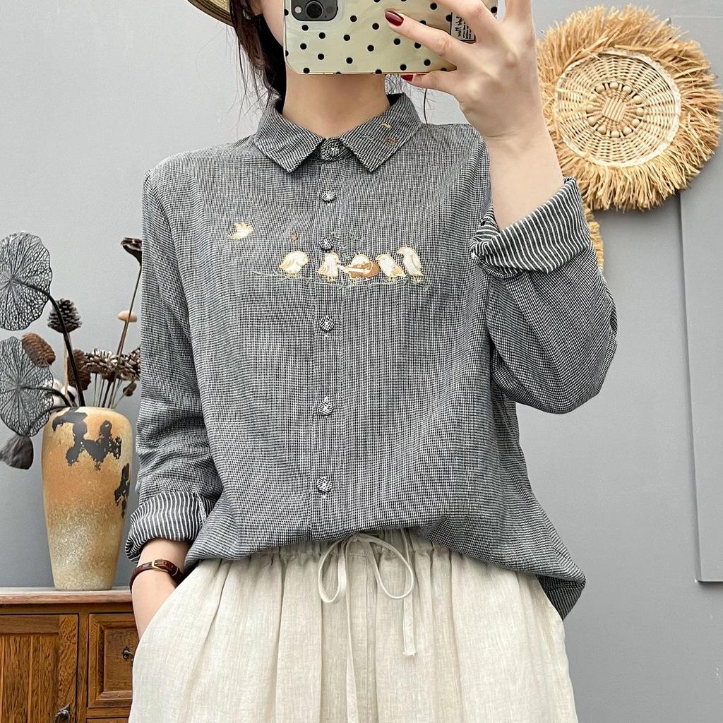 2026 Spring Korean Plaid Cartoon Embroidered Cotton Cardigan for Women
