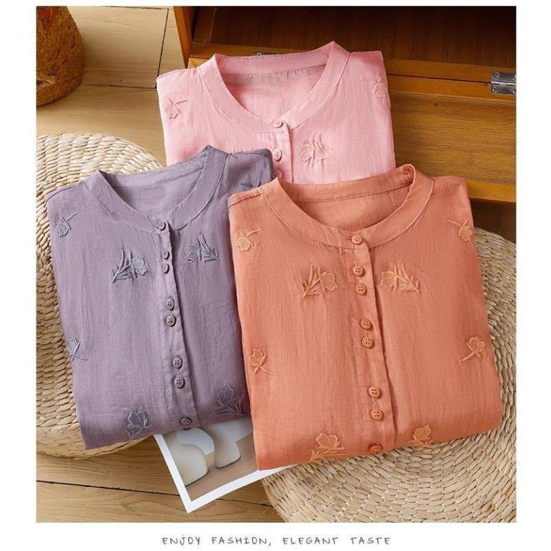 Womens Linen Cotton Embroidered Shirt Casual Stand Collar 3/4 Sleeve Blouse