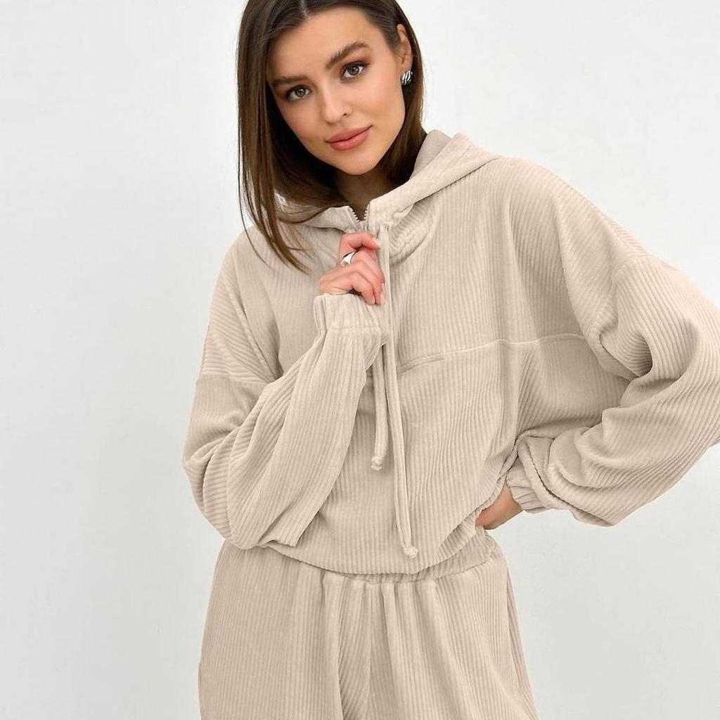 Women Solid Color Long Sleeve Hooded Hoodies Suit Autumn Winter Loose Top Wide Leg Pants