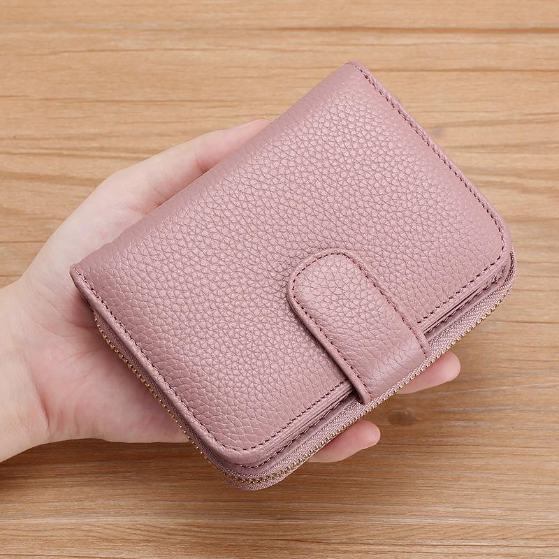 Neues RFID-Blockierendes Kompaktes Damenportemonnaie Multi-Karten-Organizer mit Reißverschluss Abnehmbarer Riemen Echtes Leder