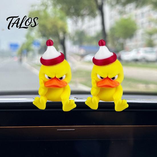 Creative Holiday Gifts 3D Printed Yellow Duck Figurine, Funny Arrogant Statue with Christmas Angry Duckling Figurines Hat, Miniature Ornament for Home