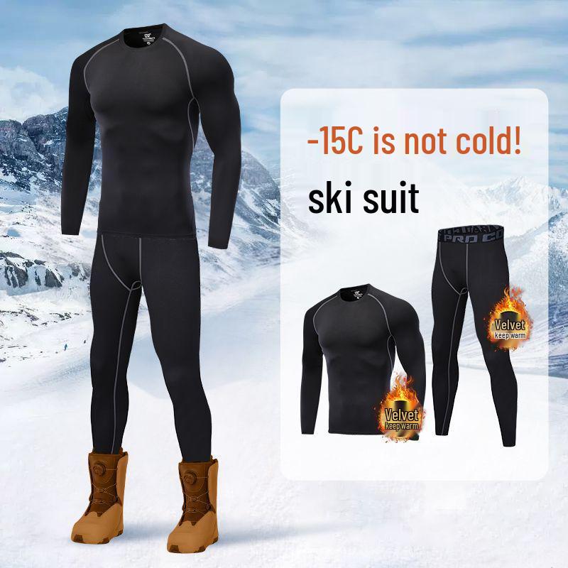 Men's Quick-Dry Compression Running Set: Fleece-Lined, Sweat-Wicking Ski Tights & Warm Shirt for Winter Sports.