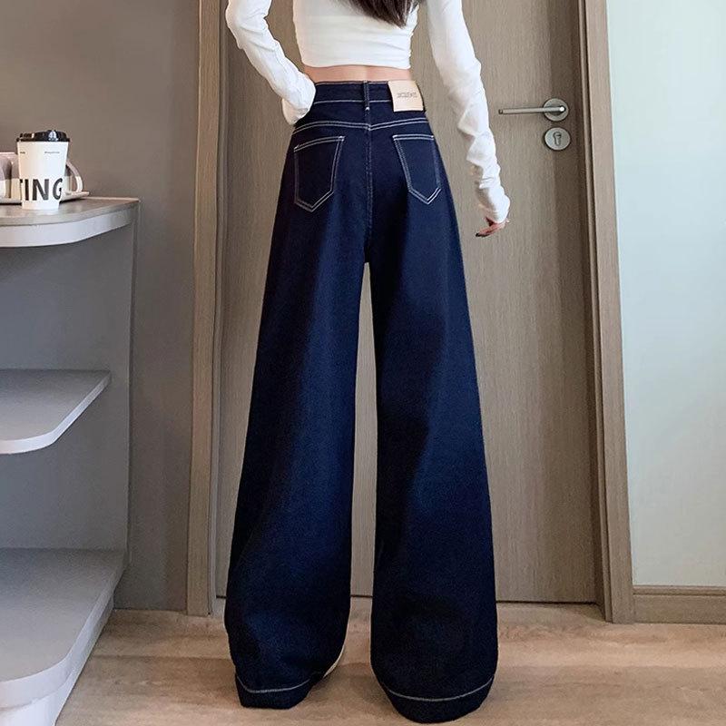 Women's High-Waist Straight-Leg Jeans with Leather Patch - Blue Wide-Leg, Floor-Length Denim for Autumn and Winter.
