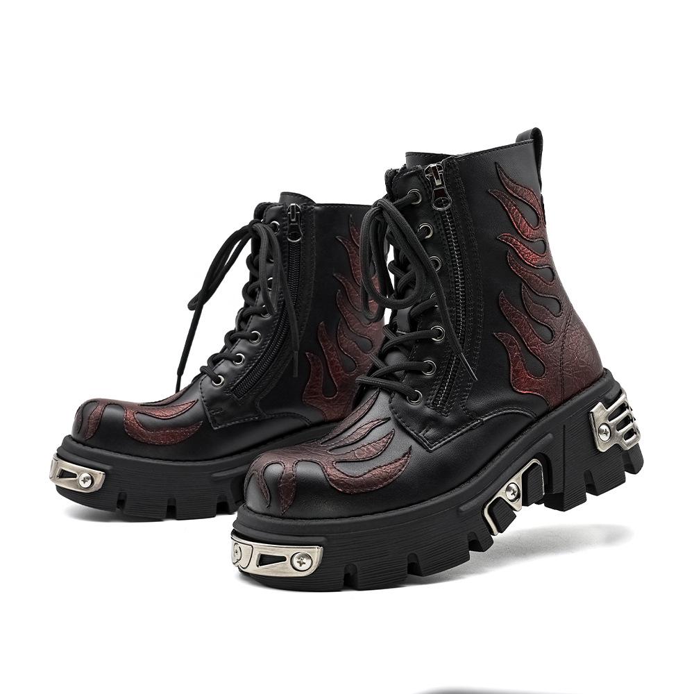 Unisex High-Top Punk Retro Flame Boots with Thick Tank Sole for Autumn/Winter