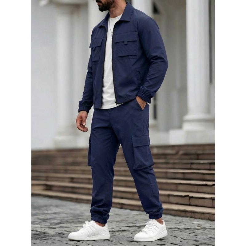 Herren S Einfarbig Langarm Jacke Hose Mehrere Taschen Lässig Arbeitskleidung Zweiteiliges Set