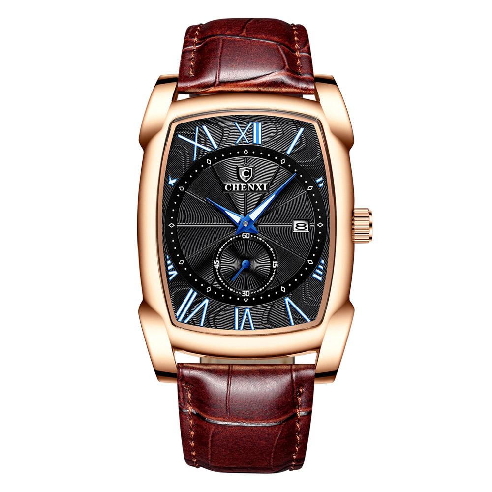 Luxury Retro Men Square Watches CHENXI Silver Waterproof Genuine Leather Men Watches Roman Numerals Stop Watch Calendar Unique