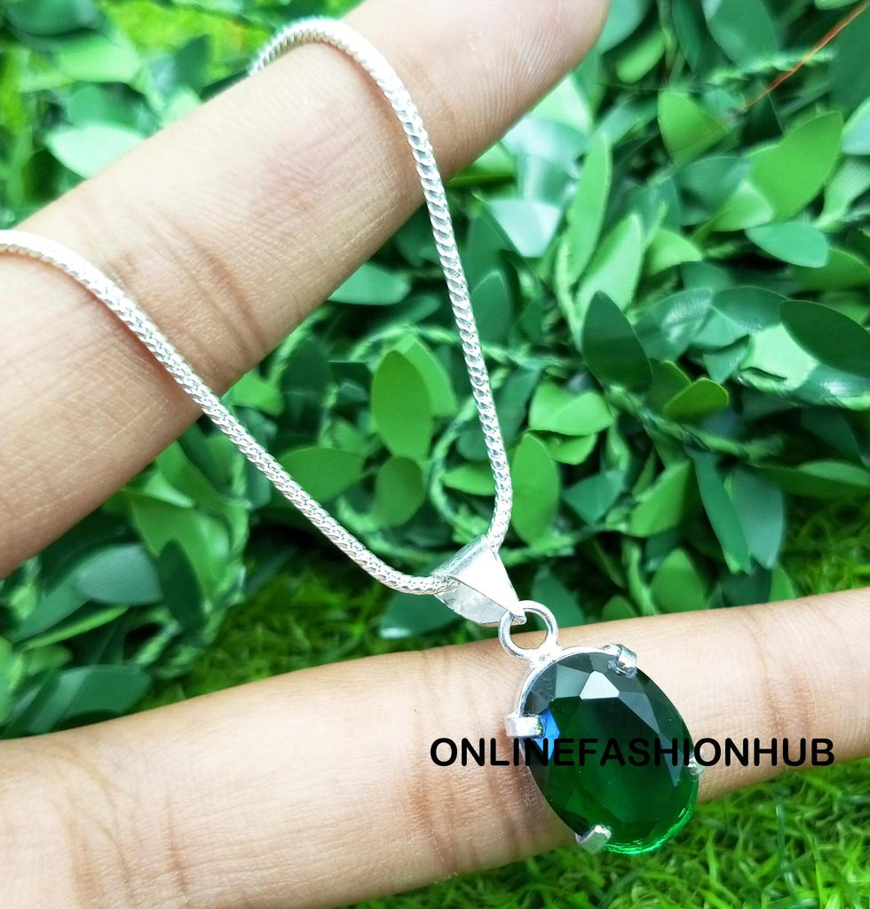 Green Topaz Glass 925 Sterling Silver Plated Prong Women Fashion Beautiful Pandant Whit Chain Jewelry