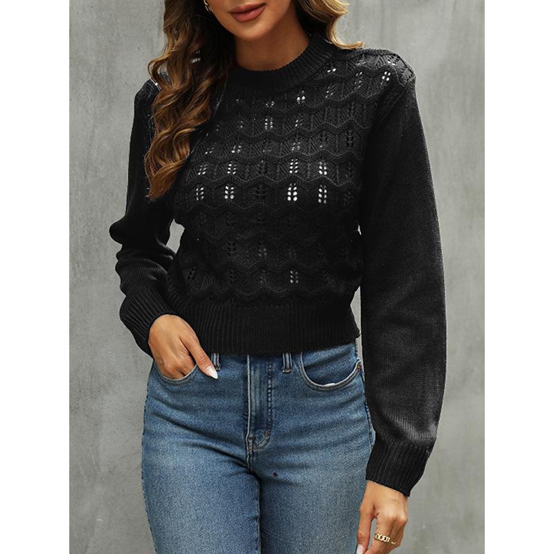 Осенне-зимний кашемировый свитер, новый женский пуловер с V-образным вырезом, кружевной вырез, ажурный дизайн, повседневный трикотажный свитер с длинным рукавом для женщин L чёрный