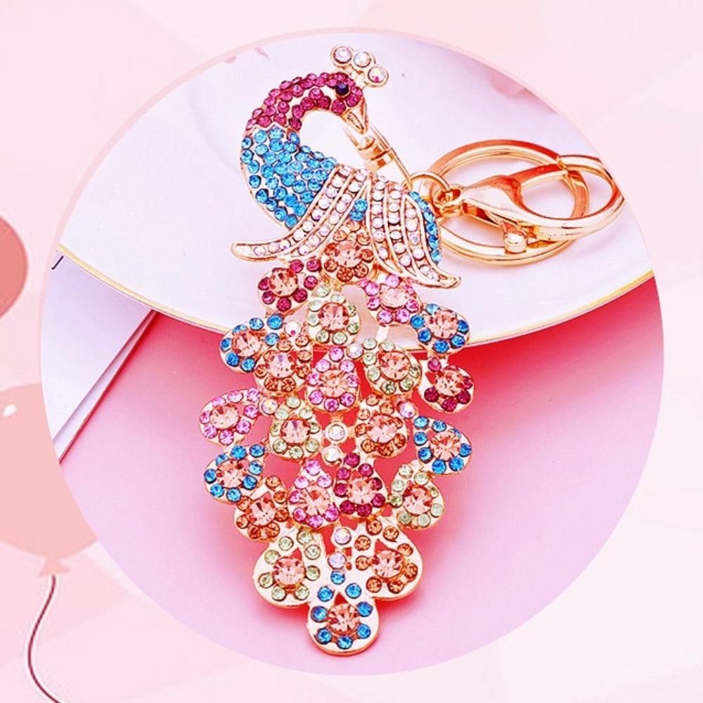 Fashion Rhinestone Crystal Keyring Peafowl Bag Charm Pendant Colorful Peacock Keychain Handbag