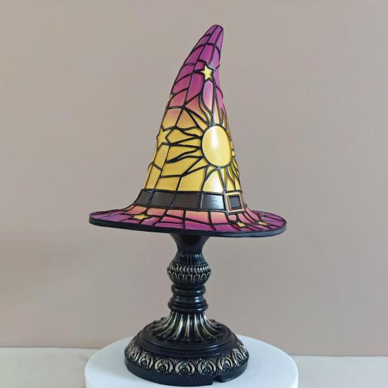 Stained Glass Witch Hat Lamp, USB Powered Night Light for Bedroom Shelf Decor, Halloween Warm Glow Gothic Table Lamp for Home