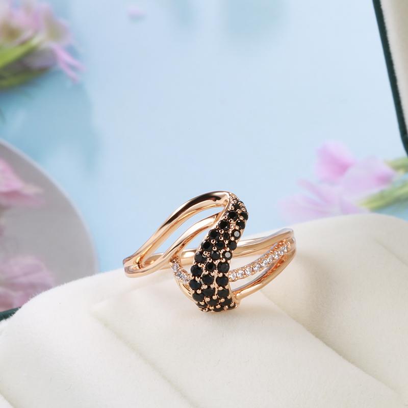 Luxury Rose Gold Ring For Women Fashion Geometry Natural Black Zircon Waves Rings For Women Vintage Wedding Jewelry