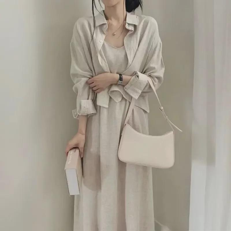 Chic Korean Spring/Autumn Retro Style Suspender Dress + Shirt Jacket Set for Women