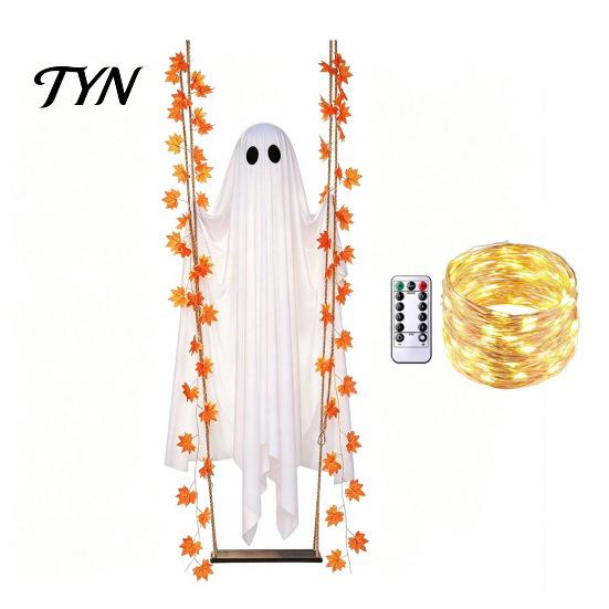 Fantasma Appeso con Luci Oscillante Decorazione di Halloween Foglia d'Acero, Ornamento Luminoso Accenti Foglia Autunnale Oscillazione Regolabile in Altezza, Timer, Telecomando