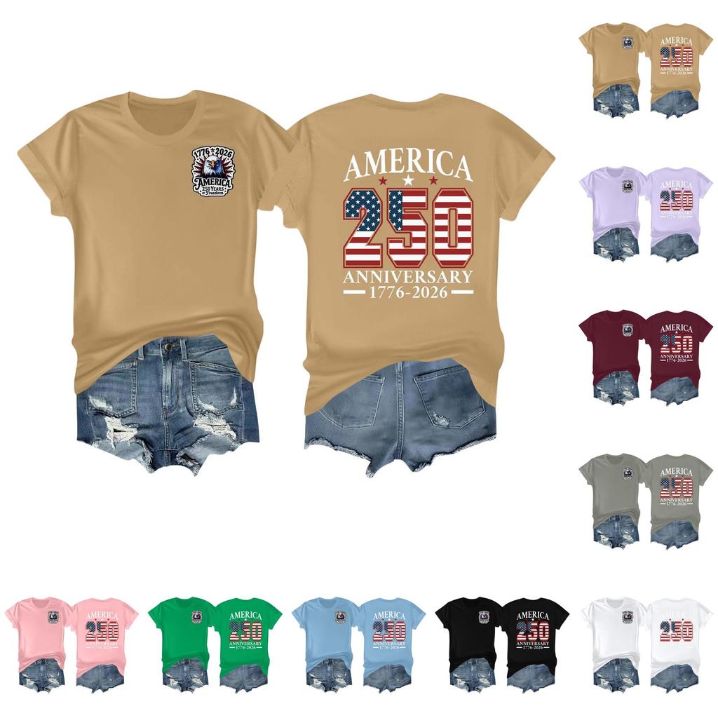 Women's Casual Independence Day 250 Anniversary Printed T-shirt Round Neck Pullover Short Sleeve Top