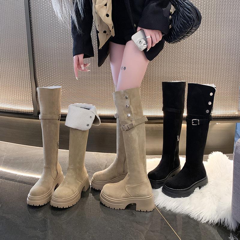 Thick-soled high-heeled knight boots for women's 2025 autumn and winter new velvet high-heeled knee boots, two wear lamb wool boots