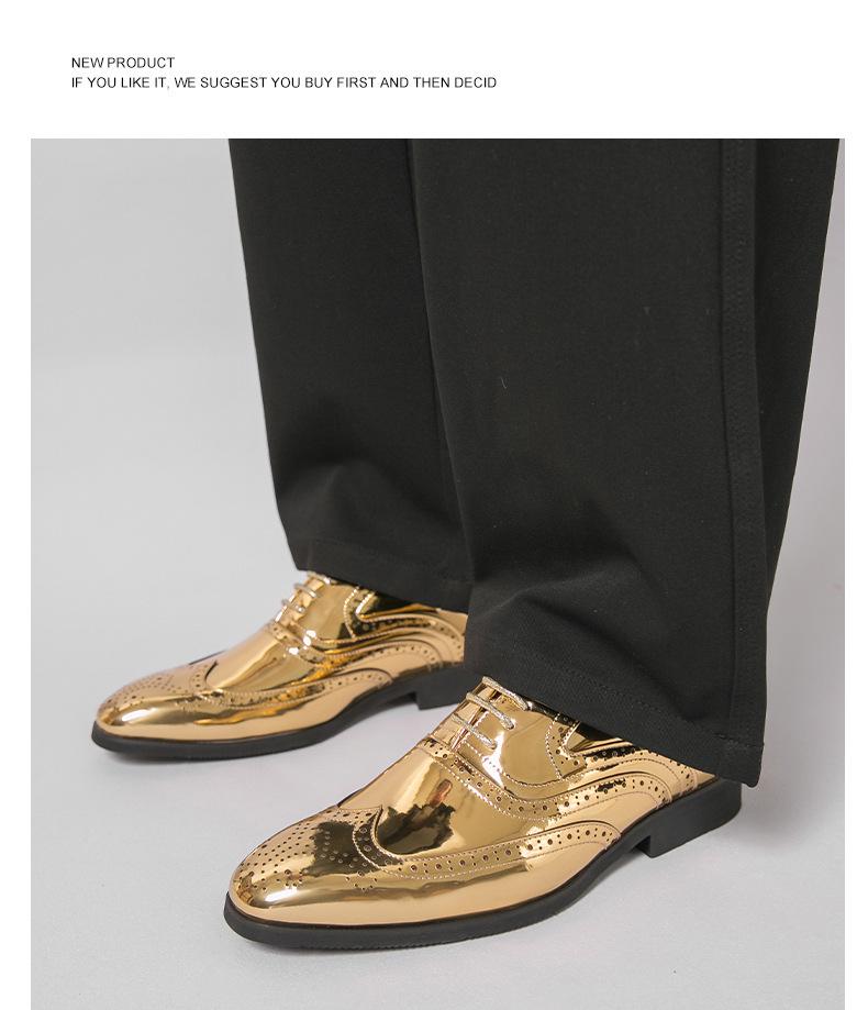 Men's Formal Gold Mirror Brogue Leather Shoes - Large Size, Lace-up Wedding Groom Attire