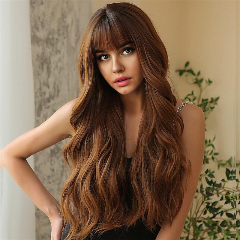 Wig Women'S Big Wave Simulation Hair, Air Bangs, High Temperature Silk Mechanism, Long Hair Full Headgear