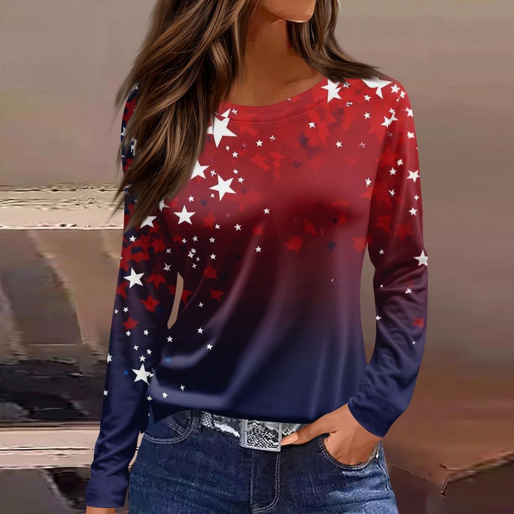 Long Sleeve Crew Neck Casual Top with Vintage Flag and Floral Print for Women Comfortable Fit Pullover Blouse Shirt