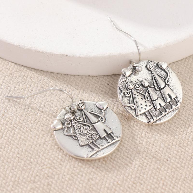 Creative Vintage Hand Carved Family Pattern Round Pendant Earrings for Women  Festival Commemorative Jewelry Crafts Gifts