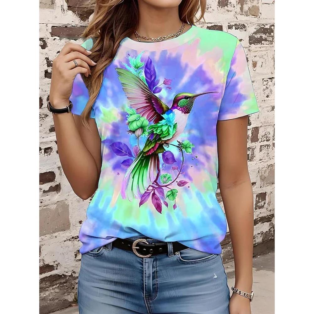 Summer beautiful colorful bird graphic women's T-shirt casual short sleeve fashion streetwear round neck top
