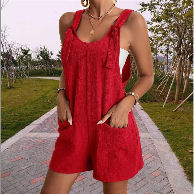 European And American Women's Summer Casual Solid Color Suspender Shorts One-piece Pants Adjustable Large Size Overalls Cool And Comfortable