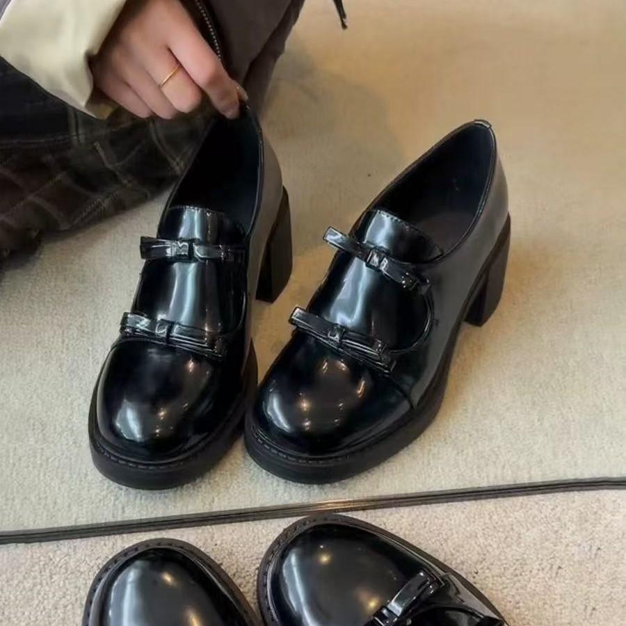 British high-heeled loafers for women French elegant bow thick-heeled single shoes British black small leather shoes for women