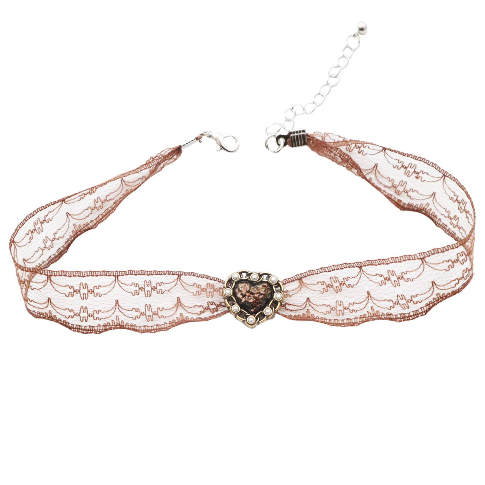 Винтажный Чокер-Ожерелье с Жемчугом, Сердечком и Коричневым Кружевом на Прозрачной Цепочке для Ключиц