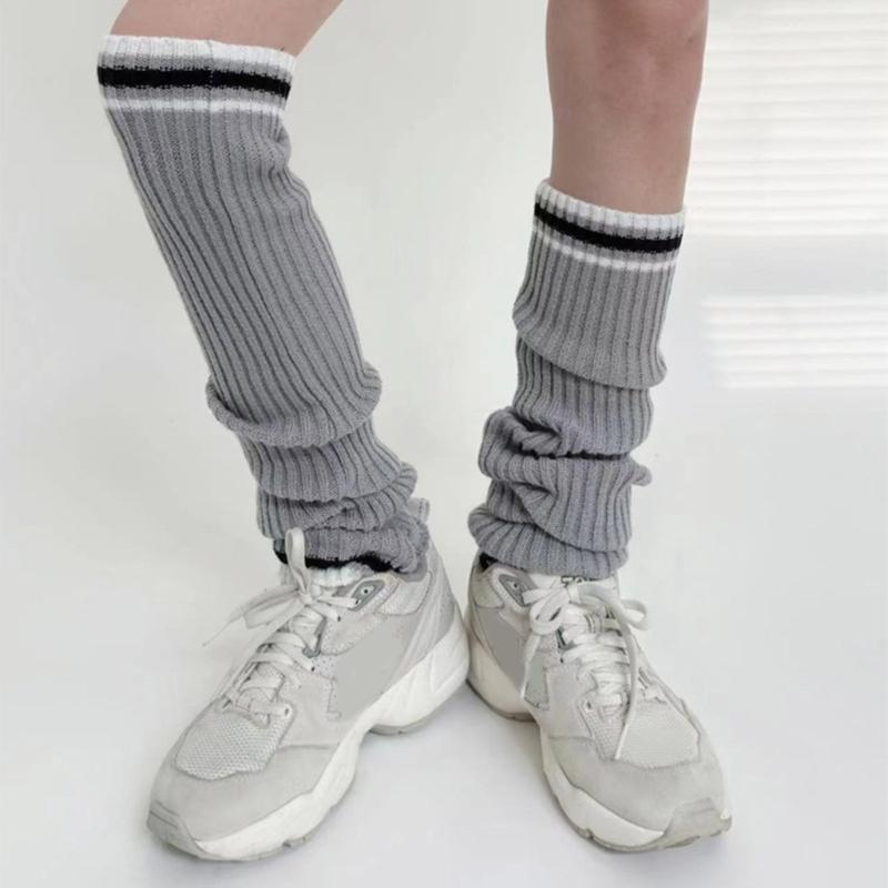 Student Vintage Double Striped Ribbed Knit Leg Warmers Slouch Leg Covers Boot Cuffs Stretchy Long Boot Socks for Women