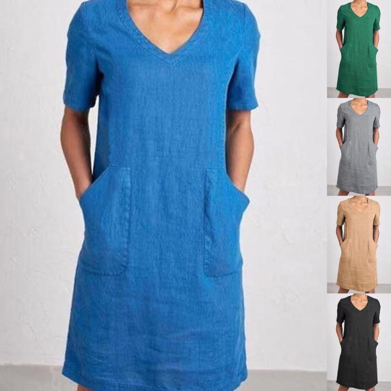 

Summer New Women s Fashion Retro Cotton and Linen Short Sleeved Dress S синій