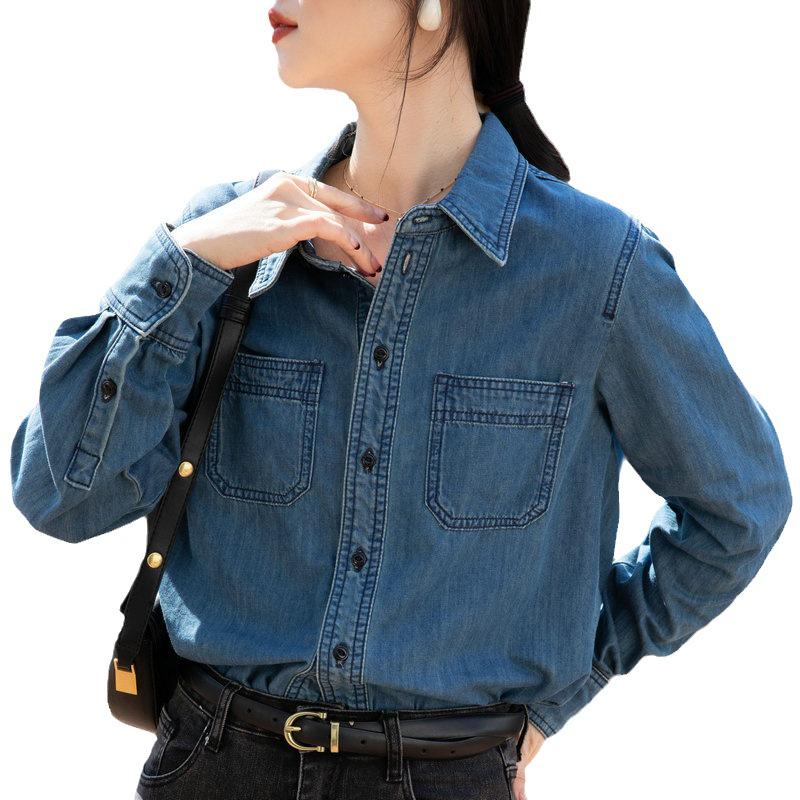 2025 Women's Chic Retro Denim Shirt - Soft Cotton, Long Sleeve, French Style for Spring/Autumn