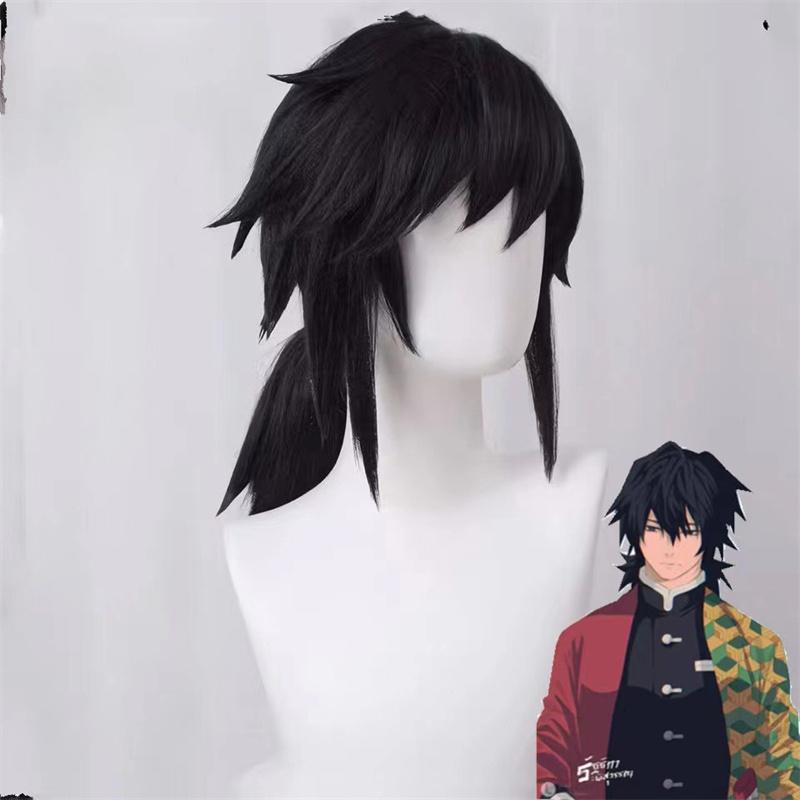 Tomioka Giyuu Cosplay Wig Cosplay Black Pigtail Heat Resistant Synthetic Hair Anime Wigs + Wig Cap