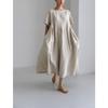 2026 Summer Large Loose Cotton and Hemp Casual Dress Elegant New Round Neck Short Sleeve A-line Dress Female Fashion Solid Color Simple Clothing