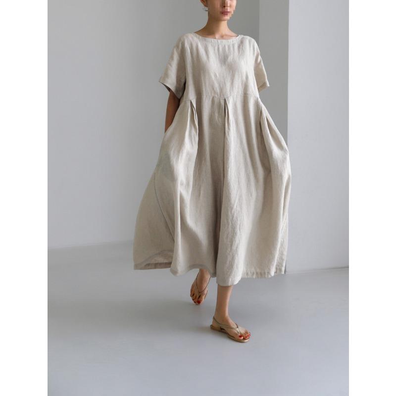 2026 Summer Large Loose Cotton and Hemp Casual Dress Elegant New Round Neck Short Sleeve A-line Dress Female Fashion Solid Color Simple Clothing