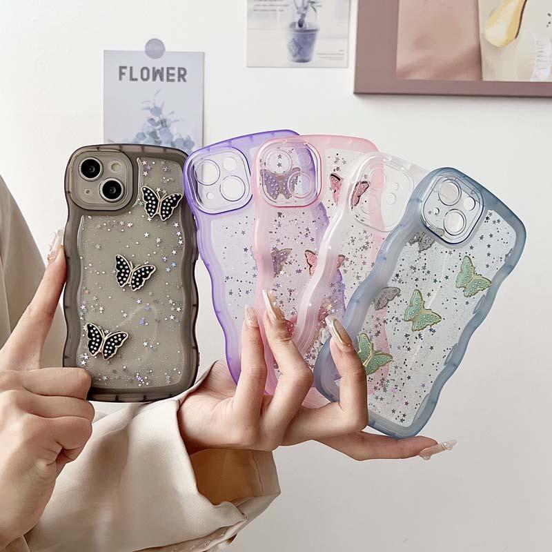 Applicable To Apple 17 Mobile Phone Case, Epoxy Glitter 16 Wavy Butterfly iPhone15 Anti-drop 14 Transparent Protective Case