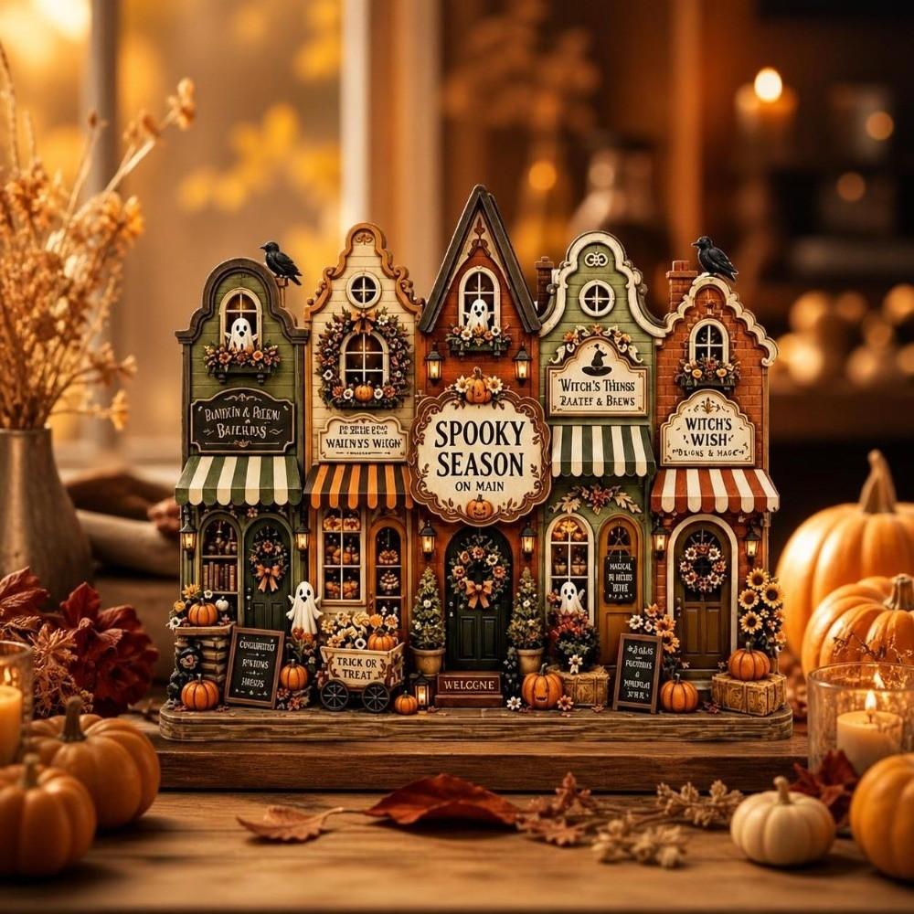 Wooden Halloween Ornaments Pumpkin Reading Theme Sign Haunted House Village Ornament Farmhouse