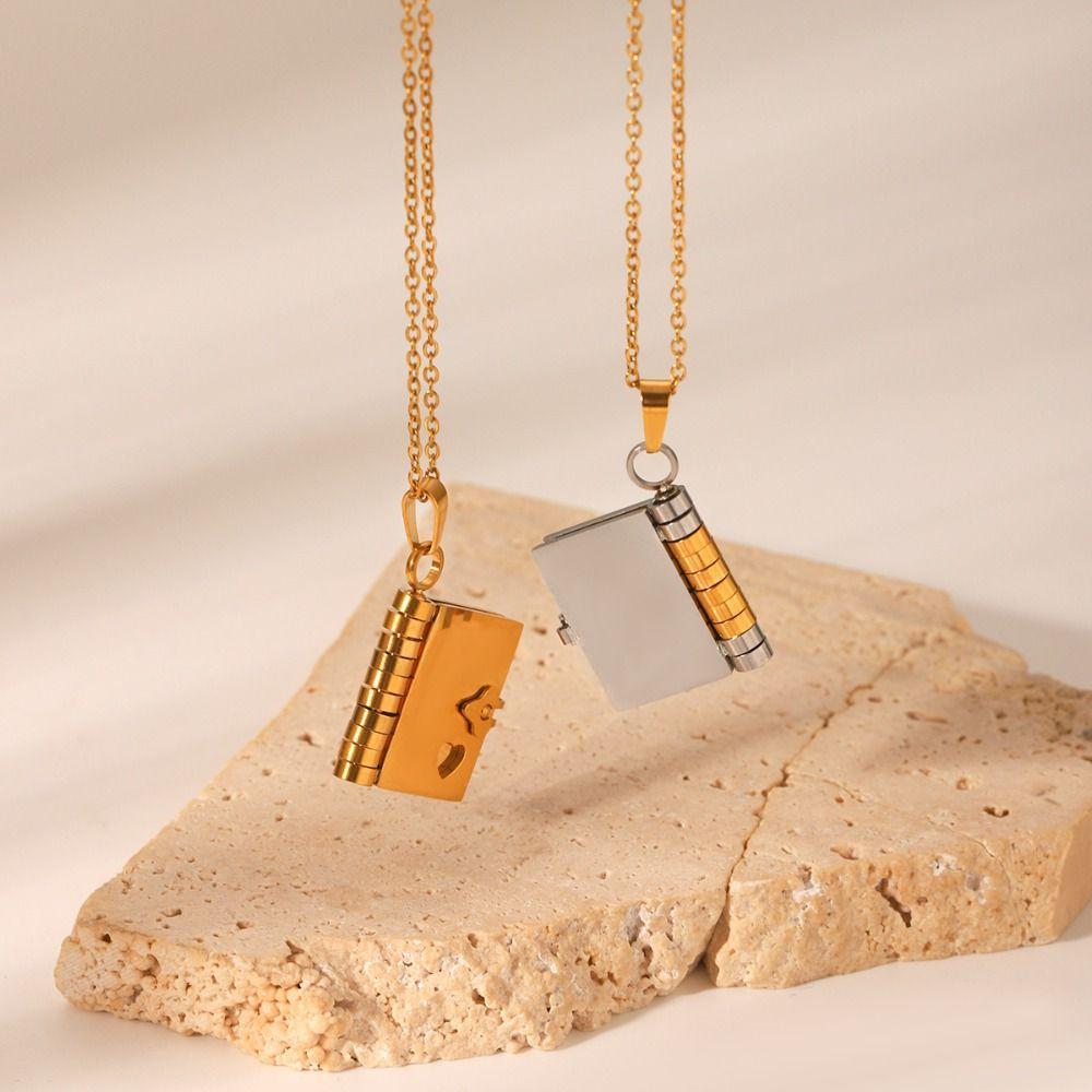 Heart Couple Book Necklace Titanium Steel Couple Text Locket Opening Book Pendant  Female Lady Girl