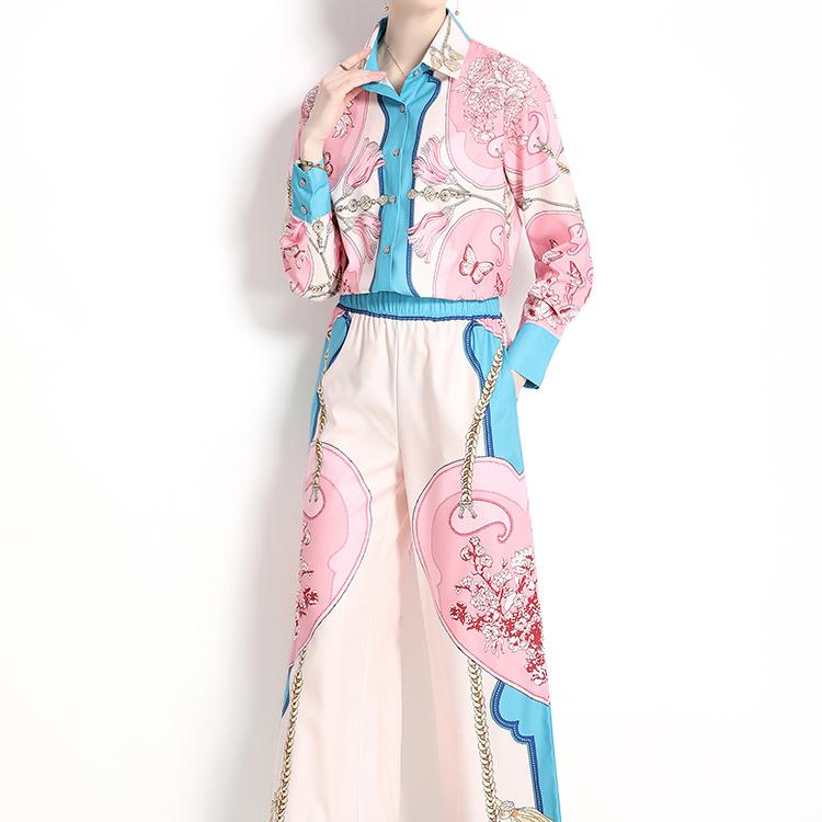 Spring Autumn Runway Designer Chain Flower Print Two Piece Set Women Long Sleeve Shirt Top And Elastic Waist Wide Leg Pant Outfit