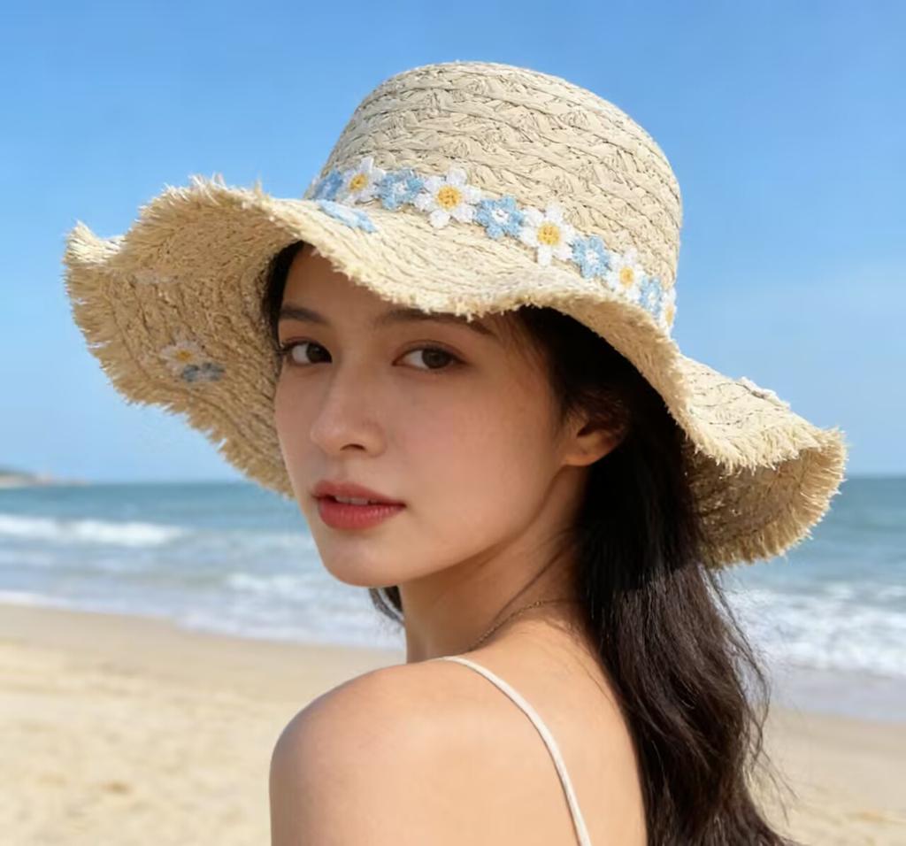 Big-Brimmed Straw Hat Women'S Summer Sunscreen Sun Hat Seaside Vacation Lace Bow Beach Hat Show Face