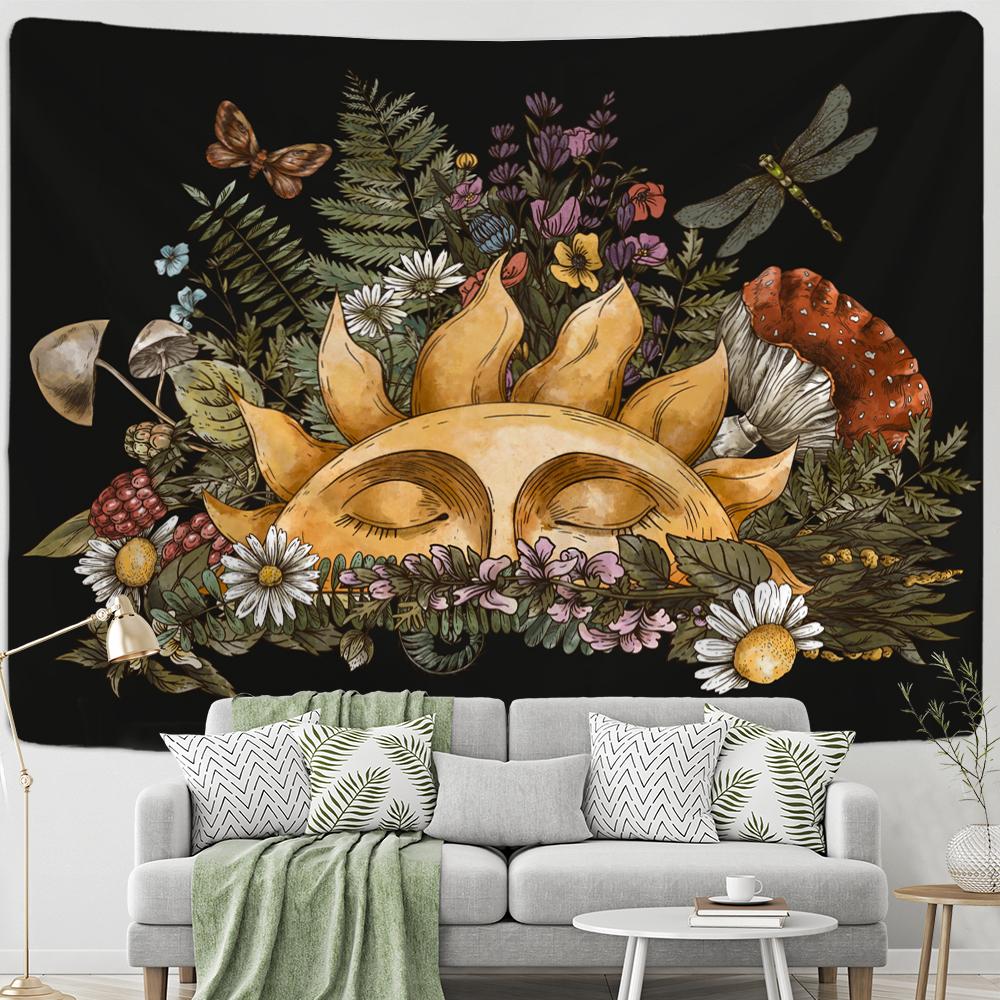 Vintage Psychedelic Mushroom Sun Tapestry Plant Celestial Floral Wall Hanging Hippie Tapiz Dorm Decor18